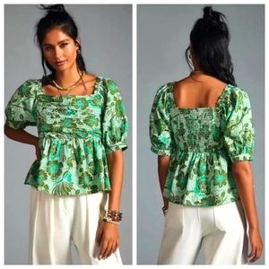 Anthropology Nikasha Babydoll Poplin Blouse Puff Sleeve Botanical Floral size s